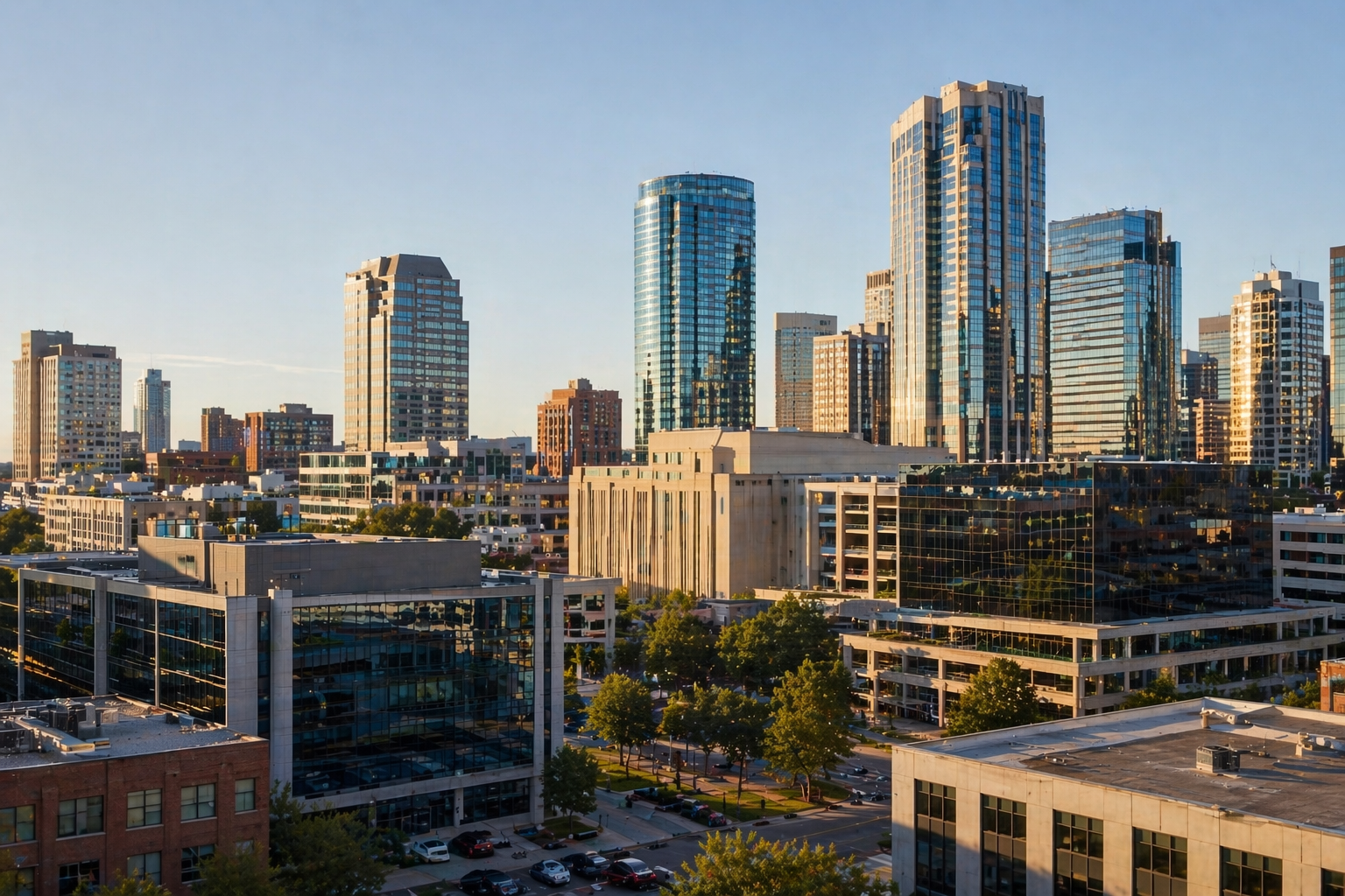 Modern city skyline with office and mixed-use commercial buildings representing investment real estate opportunities